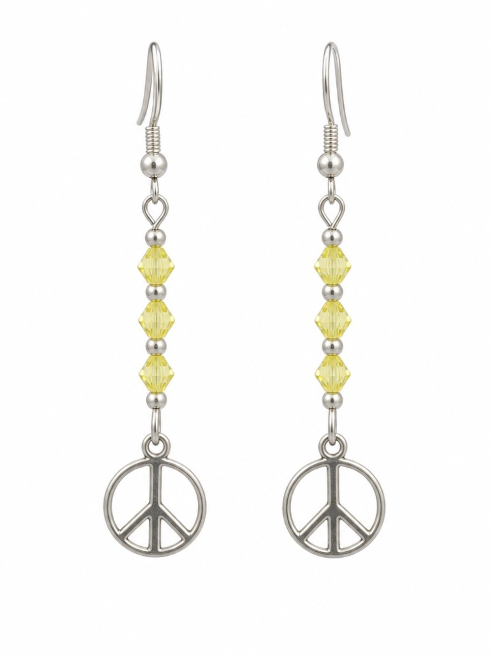 Lemon Aurora Borealis Crystal Bead Earrings with Silver Peace Sign Charm
